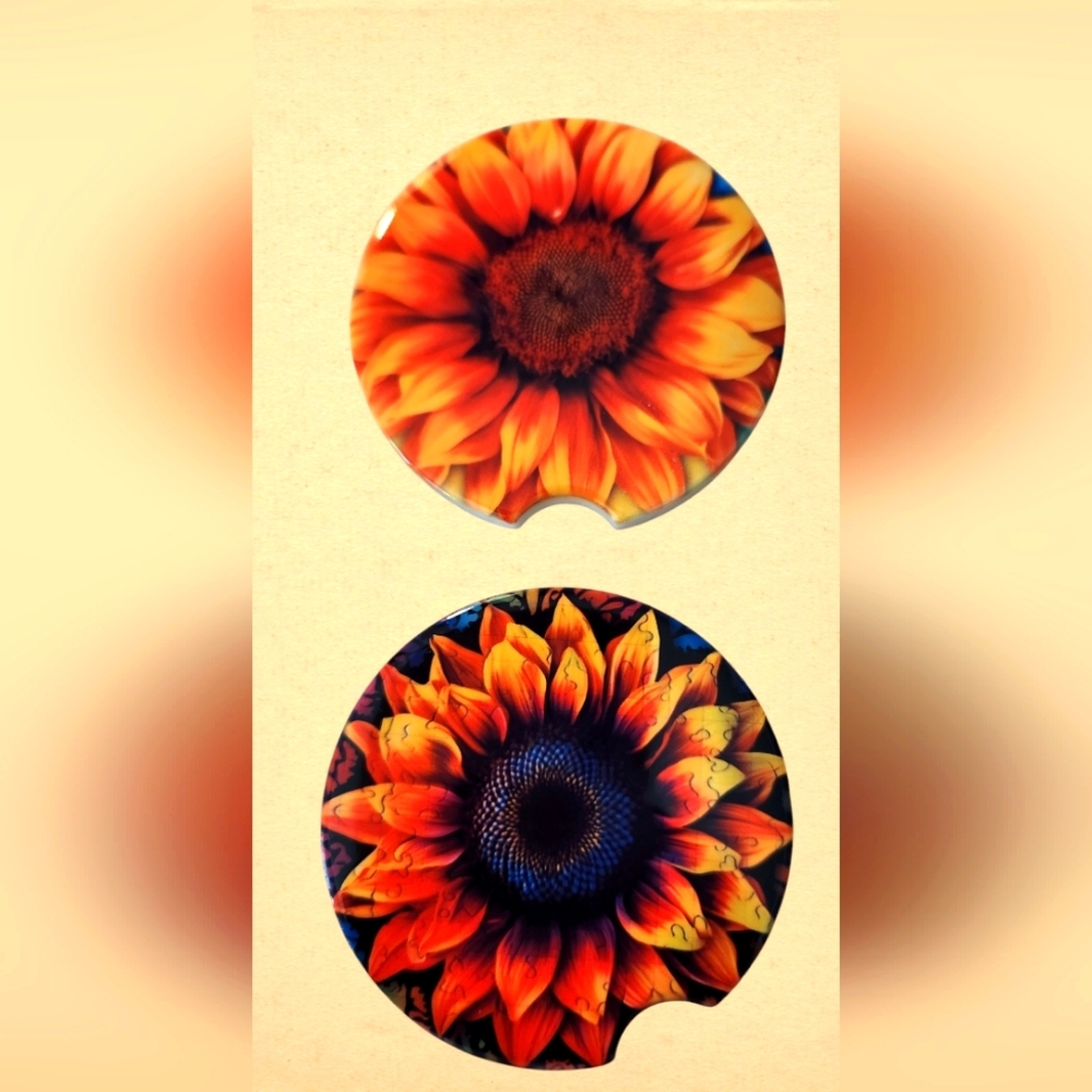 CERAMIC SUNFLOWER CAR COASTERS.  HANDCRAFTED NEW